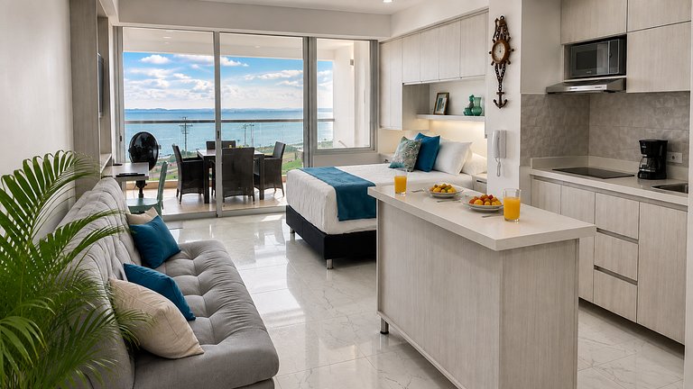 CB726 | Suite moderna frente al mar con balcón y cocina con