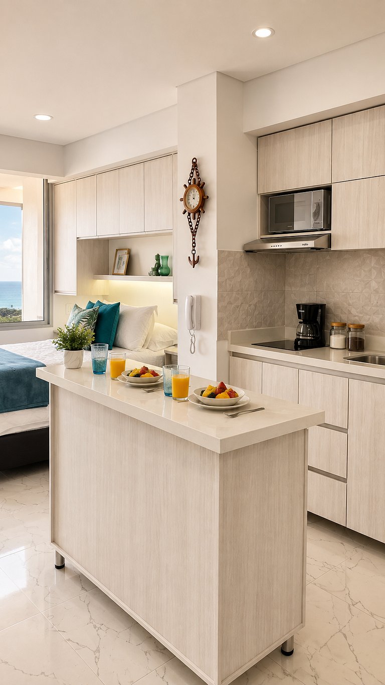 CB726 | Suite moderna frente al mar con balcón y cocina con